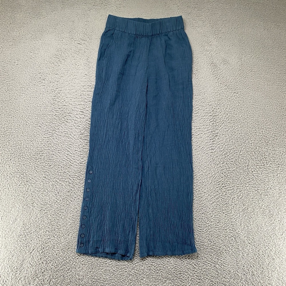 Soft Surroundings Crinkle Pants Womens XS Blue Straight Leg Button Hem Pull On